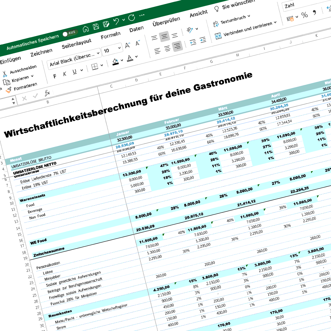 Kalkulation Gastronomie Excel-Datei für Gastronomen